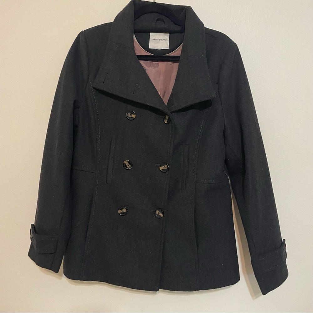 Thread & Supply Black Winter Coat Jacket Pea Coat. EUC. Size Large